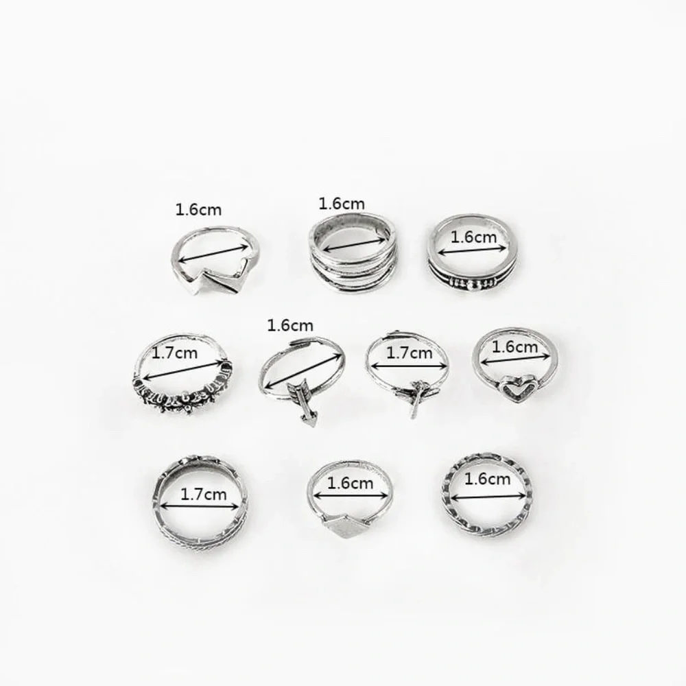 *IANTHE* 10-Pc Silver Heart Design Fashion Ring Set